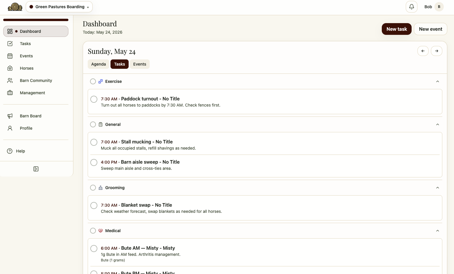 Hay dashboard showing daily barn tasks and horse care schedule