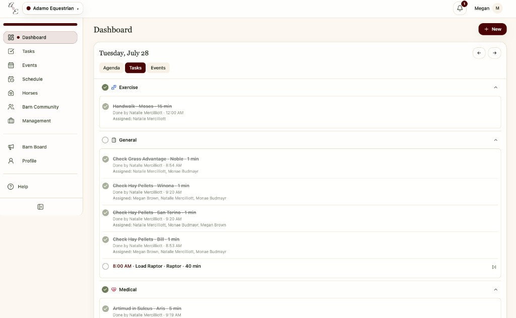 Hay dashboard tasks for the day, with a barn’s own color and logo