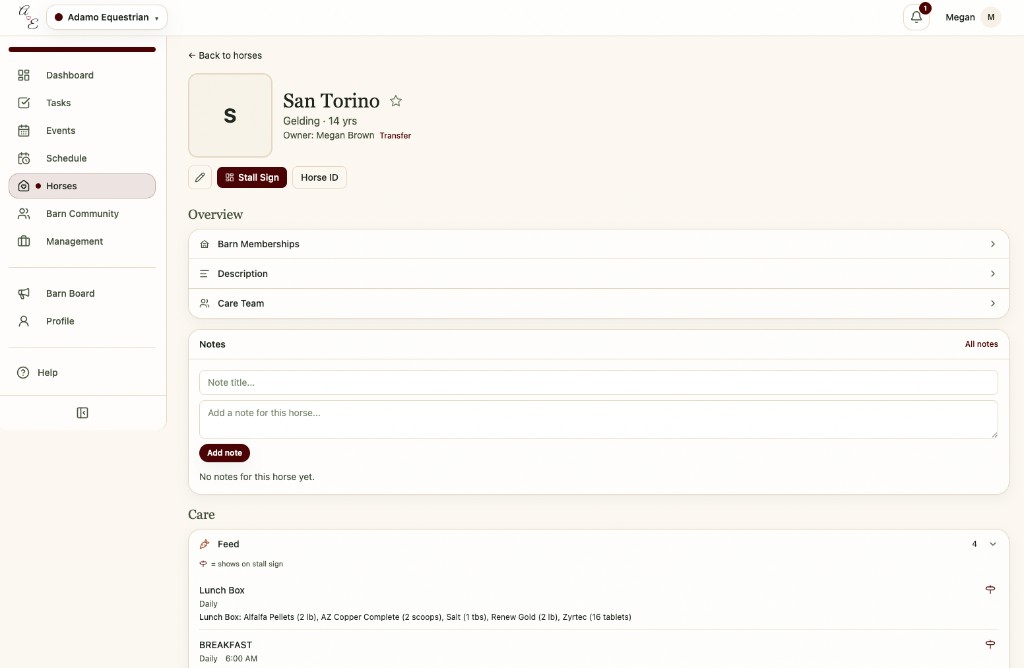 Horse profile with care, medical, and ownership details