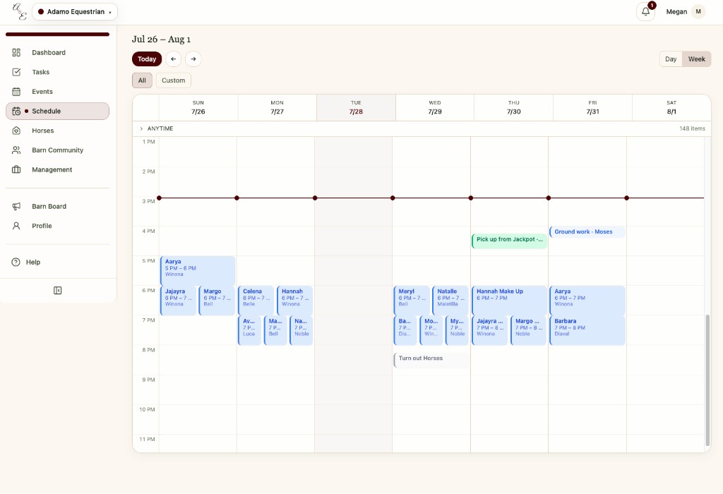 Weekly schedule view with lessons and barn appointments